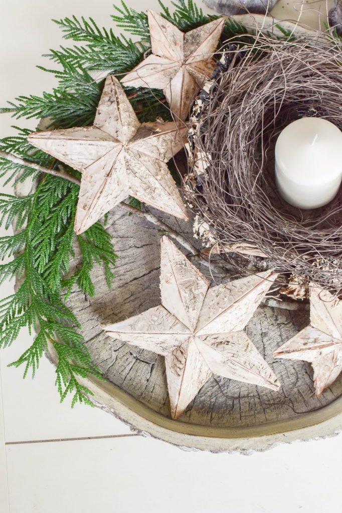 DIY Deko für den Winter und Advent auf eurem Tisch. Adventsdeko Schale Dekoidee Sterne natürlich dekorieren Weihnachten