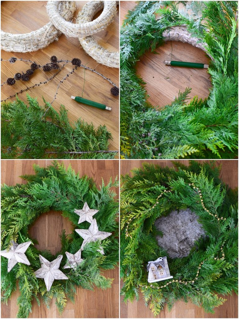 DIY Kranz selbstgemacht einfach und schnell mit Thuja und Zapfen und Sterne Kränze Strohkränze selber machen wreath