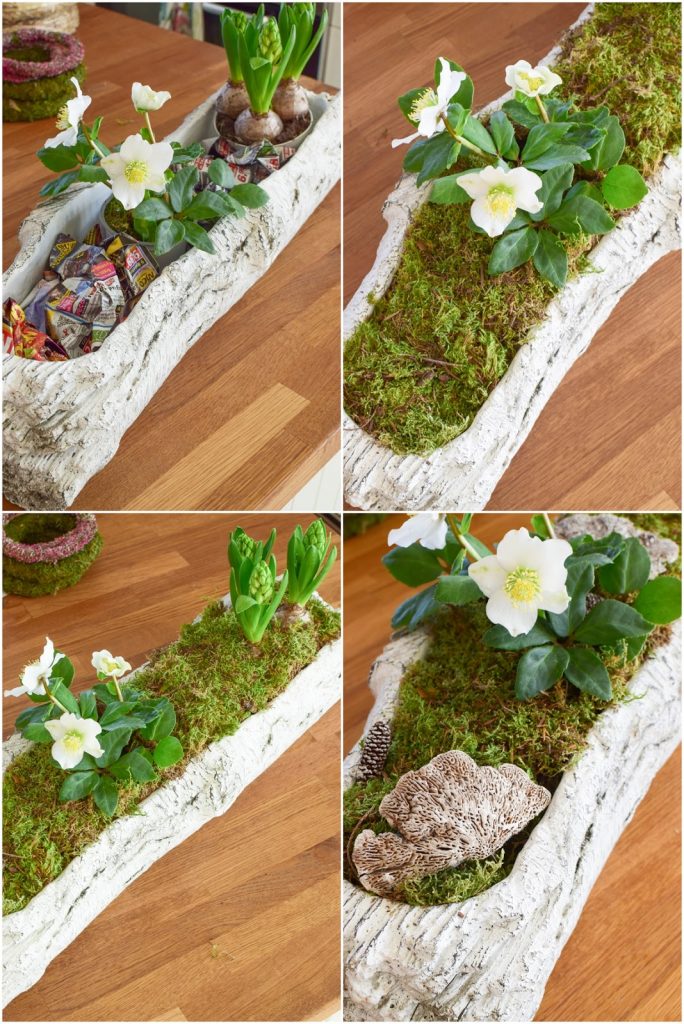 DIY Deko Schale für den Frühling mit Christrose, Hyazinthe und Moos. Kreativ Selbermachen Basteln mit Naturmaterialien. Naturdeko einfach, schnell und schön fürs Frühjahr