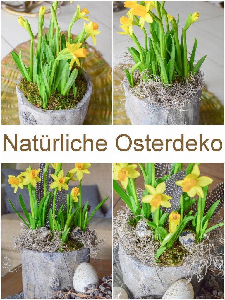 DIY Dekoidee für Ostern: Osterdeko für Tisch und Sideboard mit Eiern, Moos und Narzissen. Wachteleier, Natürliche Osterdeko, Dekoidee fürs Wohnzimmer.