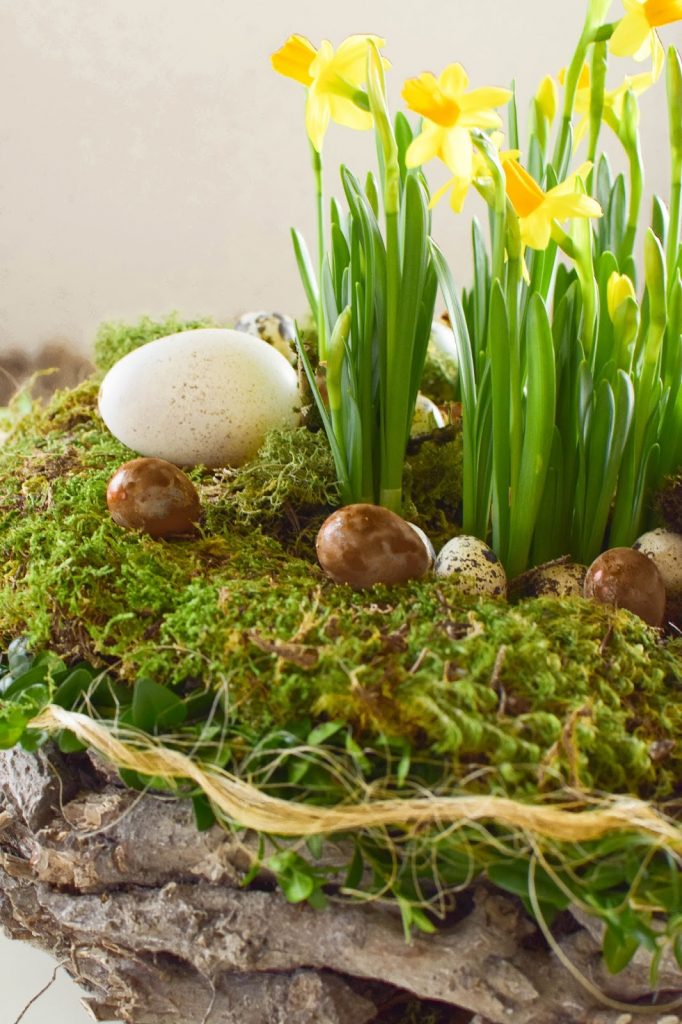 Osterdeko mit Natur: DIY Osternest mit Moos, Holzkorb, Narzissen, Eiern, Buchs. Einfach selbermachen