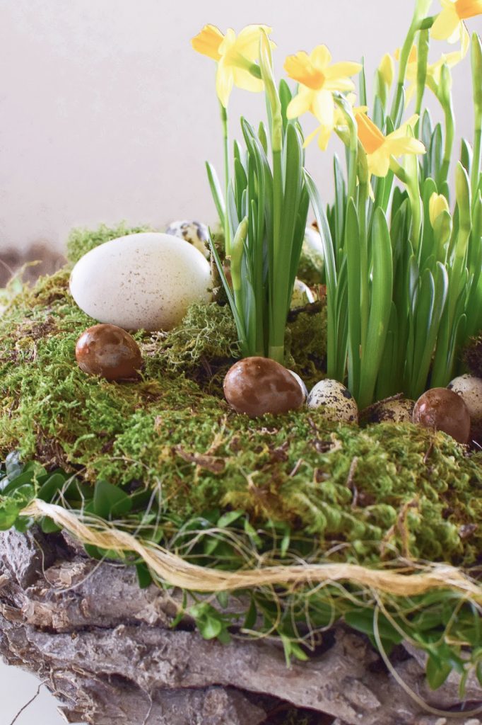 Osterdeko mit Natur: DIY Osternest mit Moos, Holzkranz, Narzissen, Eiern, Buchs. Einfach selber machen Ostern Dekoidee