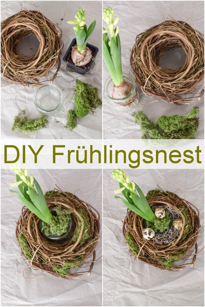 DIY Frühlingsdeko selbermachen : Frühlingsnest mit Hyazinthe, Moos und Wachteleier, Deko, Dekoidee, Dekoration