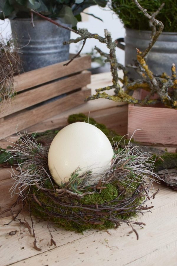 Osterdeko mit Straußenei. Dekoidee Ostern Ei Eier. Dekorieren mit Naturmaterialien Mooskranz Kranz Moos