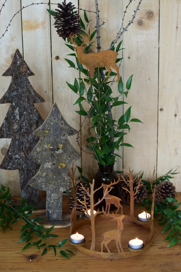 Kerzenhalter und Adventskranz mit Teelichte Rost Metall Kerzenständer Advent Weihnachten Deko Hirsch Reh Wald