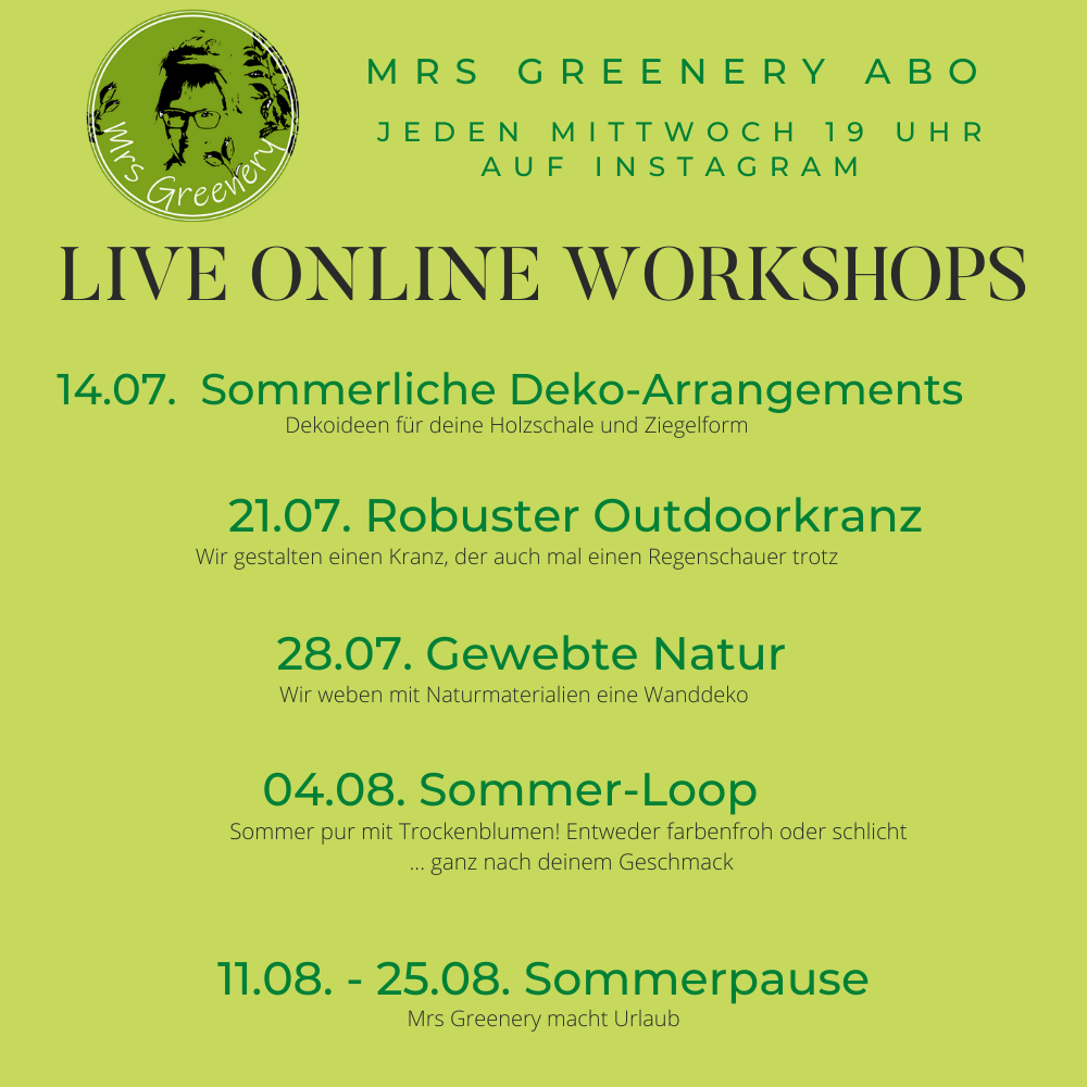 Workshop Themen für Juli und August 2021im kreativen Mrs Greenery Abo!