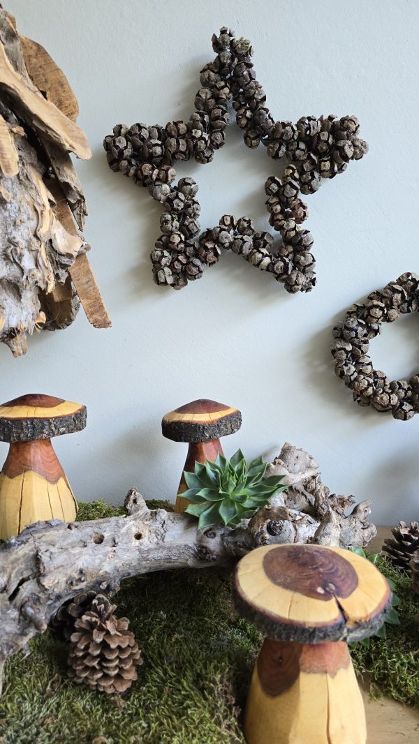 Herbstdeko Naturdeko Herbst Deko Zapfen Pilze Holzpilze handarbeit Holz Holzdeko Kranz Zapfen Beeren Stern im Mrs Greenery Shop bestellen kaufen