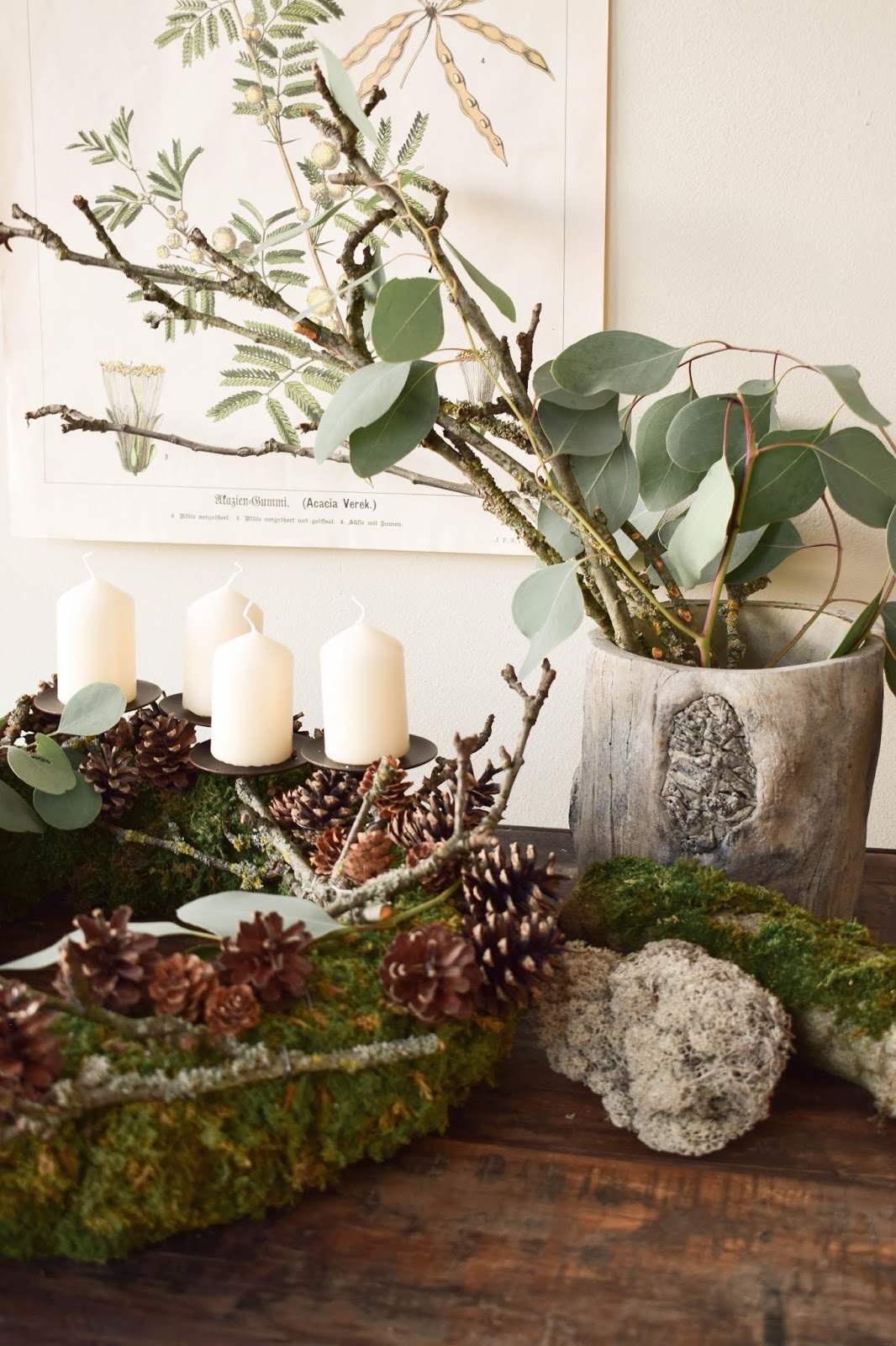 Adventskranz aus Moos, Eukalyptus, Zapfen und Holz | DIY, Blumen & Naturdeko