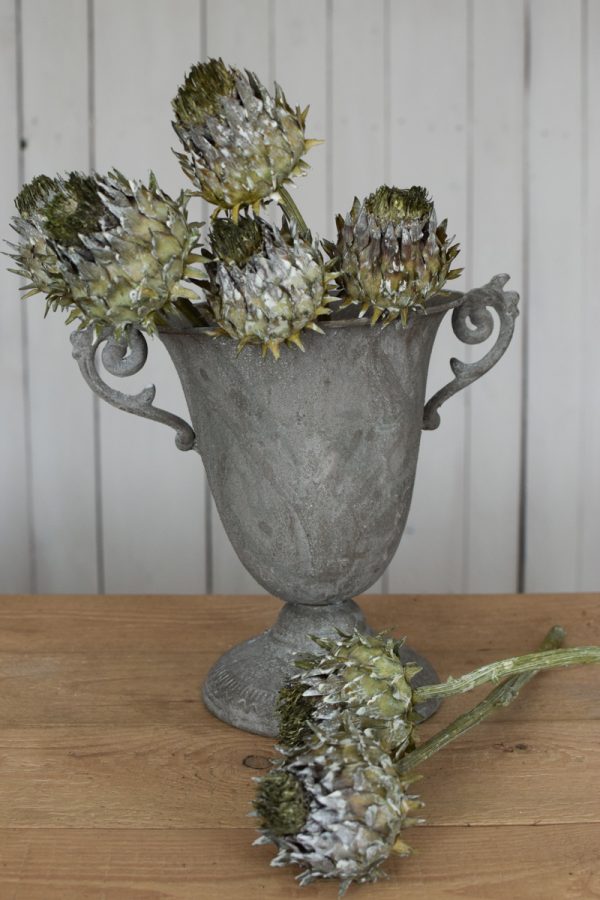 Amphore Pokal Pflanzgefäß Dekoidee Kelch Artischocke getrocknet grün goldig Trockenblumen Artischocken trocken