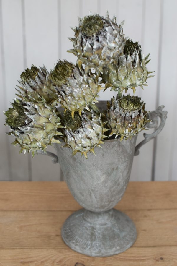 Amphore Pokal Pflanzgefäß Dekoidee Kelch Artischocke getrocknet grün goldig Trockenblumen Artischocken trocken