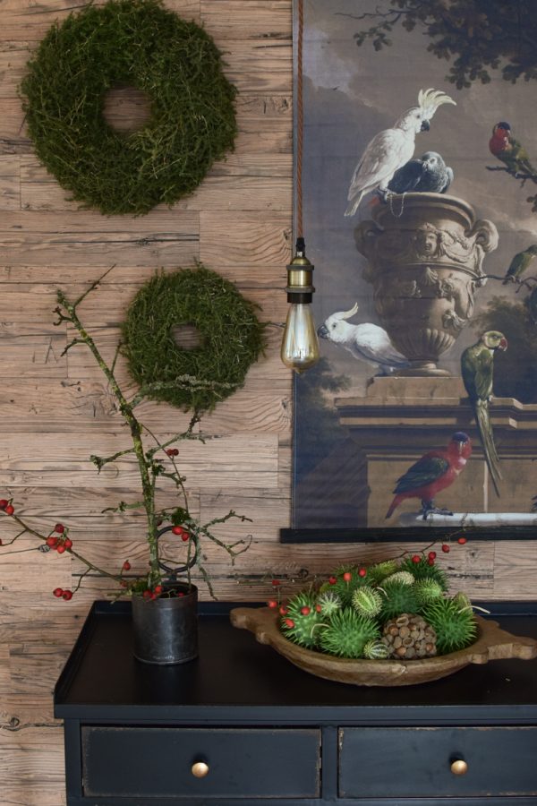 Herbstdeko mit Naturmaterialien. Wandbild Fertigkränze Deko Dekoidee Sideboard Deko Herbstlich dekorieren Cucumis Hagebutten Asparagus Kranz