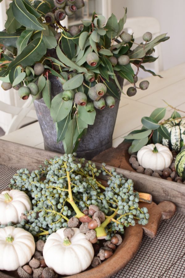 Herbstdeko mit weissen Kürbissen. Baby Boo mit Dattelzweigen, Eukalyptuskapsel Zweig und Eicheln Der Klassiker der Herbstdeko. Jetzt bestellen! Kürbis Mrs Greenery Shop