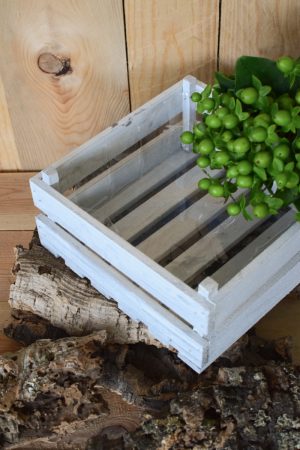 Holzkiste weiß mit Plastikeinsatz für deine Naturdeko-Ideen. Deko Dekoration Kiste im Mrs Greenery Shop bestellen