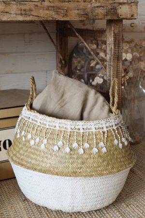 Korb mit Spitzenborte. Seegras Seegraskorb Dekokorb Aufbewahrungskorb Naturdeko Kreativ jetzt im Mrs Greenery Shop bestellen kaufen