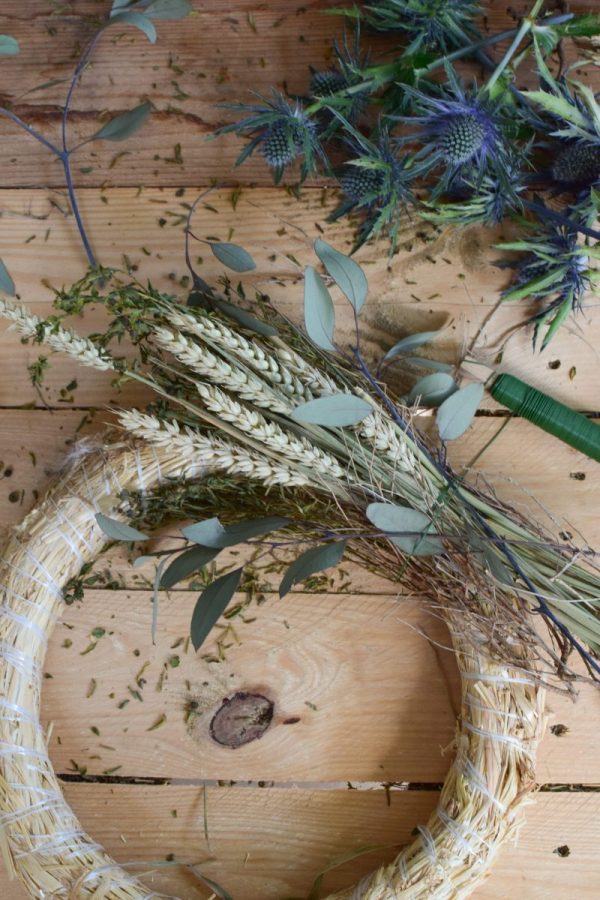 Kranz binden mit Trockenblumen für Sommer und Herbst: Kränze selber machen aus Eukalyptus, Craspedia, Weizen, Mohnkapsel, Disteln und Euphorbia