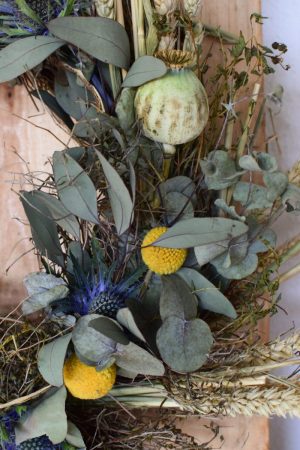 Kranz binden mit Trockenblumen für Sommer und Herbst: Kränze selber machen aus Eukalyptus, Craspedia, Weizen, Mohnkapsel, Disteln und Euphorbia