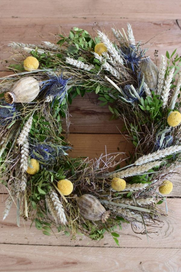Kranz binden mit Trockenblumen für Sommer und Herbst: Kränze selber machen aus Eukalyptus, Craspedia, Weizen, Mohnkapsel, Disteln und Euphorbia