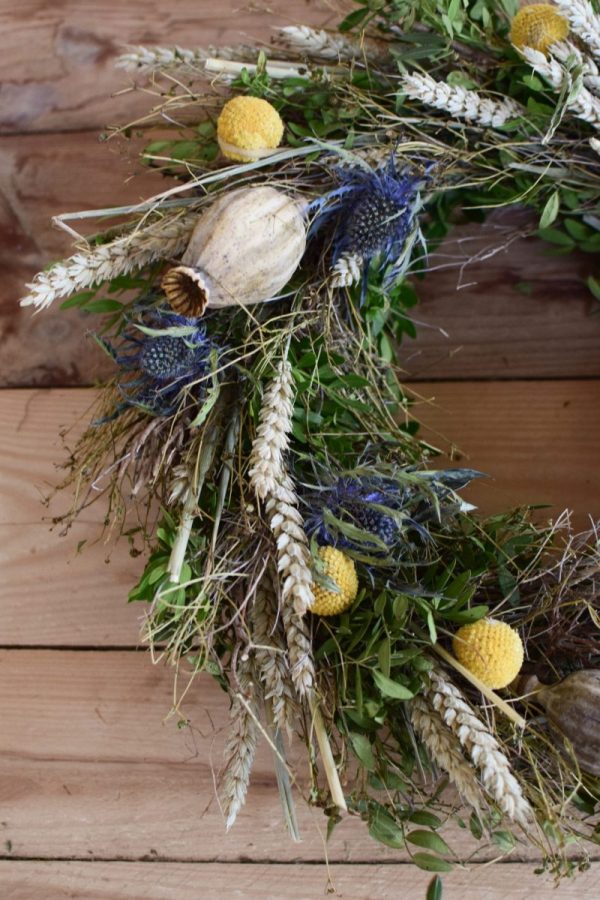Kranz binden mit Trockenblumen für Sommer und Herbst: Kränze selber machen aus Eukalyptus, Craspedia, Weizen, Mohnkapsel, Disteln und Euphorbia