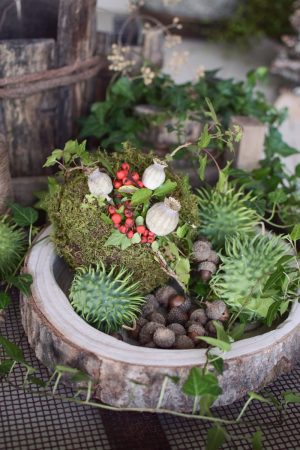 Naturdeko Herbstdeko herbstlich dekorieren Holzschale Schale mit Rinde Mrs Greenery Shop bestellen Cucumis Eicheln