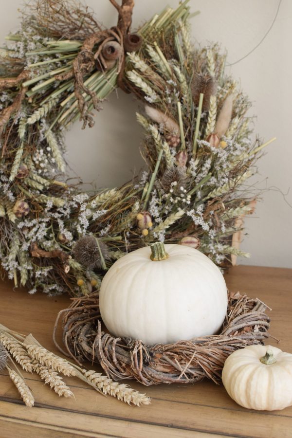 Herbstdeko mit weissen Kürbissen. Der Klassiker der Herbstdeko. Jetzt besellen! Kürbis mittel weiss