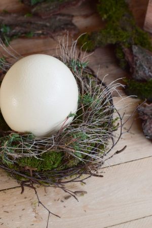 Osterdeko mit Straußenei. Dekoidee Ostern Ei Eier. Dekorieren mit Naturmaterialien Mooskranz Kranz Moos