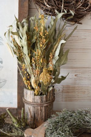 Mimosa Bouquet Trockenblumen Arrangement getrocknete Fruechte Blätter STrauß Trockenblumenstrauss Naturdeko getrocknet kreativ im Mrs Greenery Shop bestellen kaufen