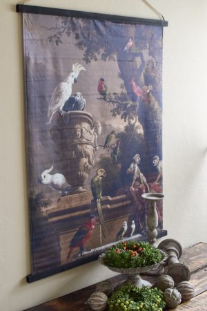 Wandbild Stoffbild Wald Dschungel Motiv Papagei Vögel Affen Naturdeko Wandbild mit Holzleisten im Mrs Greenery Shop bestellen